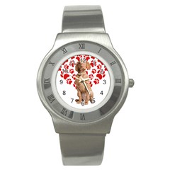 Vizsla Gifts T- Shirt Cool Vizsla Valentine Heart Paw Vizsla Dog Lover Valentine Costume T- Shirt Stainless Steel Watch by maxcute