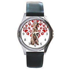 Weimaraner Gifts T- Shirt Cool Weimaraner Valentine Heart Paw Weimaraner Dog Lover Valentine Costume Round Metal Watch by maxcute