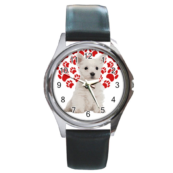 West Highland White Terrier Gift T- Shirt Cute West Highland White Terrier Valentine Heart Paw West Round Metal Watch