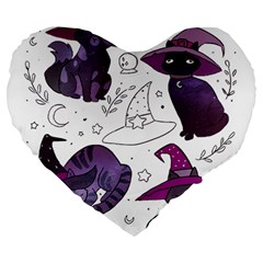 Witch Cat T- Shirt Cute Fantasy Space Witch Cats T- Shirt Large 19  Premium Flano Heart Shape Cushions by maxcute