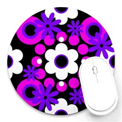 Flowers Pearls And Donuts Purple Hot Pink White Black  Round Mousepad by Mazipoodles