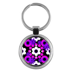 Flowers Pearls And Donuts Purple Hot Pink White Black  Key Chain (round) by Mazipoodles