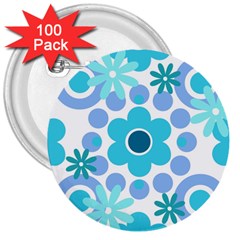 Flowers Pearls And Donuts Pastel Teal Periwinkle Teal White  3  Buttons (100 Pack)  by Mazipoodles