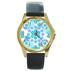 Flowers Pearls And Donuts Pastel Teal Periwinkle Teal White  Round Gold Metal Watch by Mazipoodles