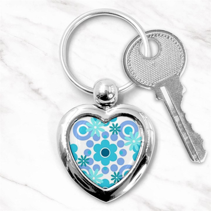 Flowers Pearls And Donuts Pastel Teal Periwinkle Teal White  Key Chain (Heart)