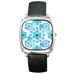 Flowers Pearls And Donuts Pastel Teal Periwinkle Teal White  Square Metal Watch by Mazipoodles