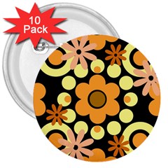 Flowers Pearls And Donuts Peach Yellow Orange Black 3  Buttons (10 Pack)  by Mazipoodles