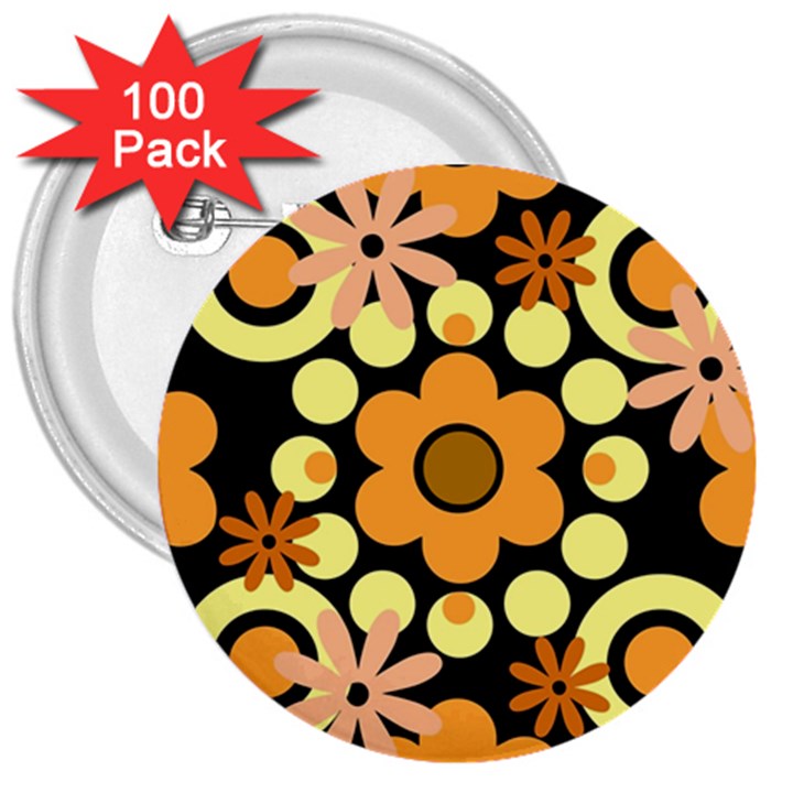 Flowers Pearls And Donuts Peach Yellow Orange Black 3  Buttons (100 pack) 