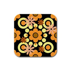 Flowers Pearls And Donuts Peach Yellow Orange Black Rubber Square Coaster (4 Pack) by Mazipoodles