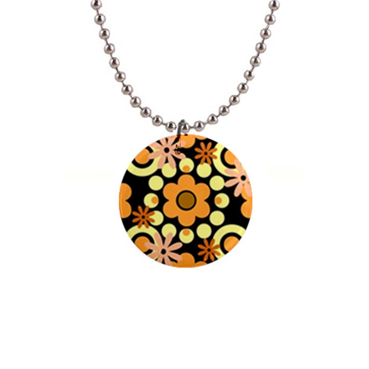 Flowers Pearls And Donuts Peach Yellow Orange Black 1  Button Necklace