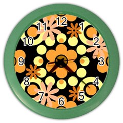 Flowers Pearls And Donuts Peach Yellow Orange Black Color Wall Clock by Mazipoodles