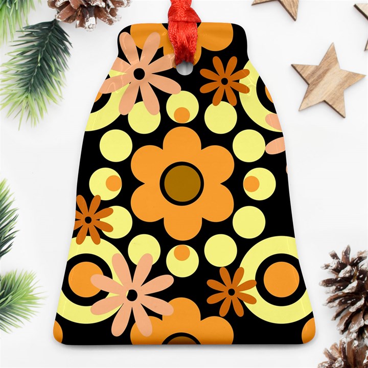 Flowers Pearls And Donuts Peach Yellow Orange Black Bell Ornament (Two Sides)