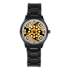 Flowers Pearls And Donuts Peach Yellow Orange Black Stainless Steel Round Watch by Mazipoodles