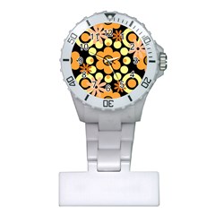 Flowers Pearls And Donuts Peach Yellow Orange Black Plastic Nurses Watch by Mazipoodles