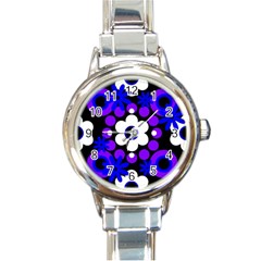 Flowers Pearls And Donuts Blue Purple White Black  Round Italian Charm Watch by Mazipoodles