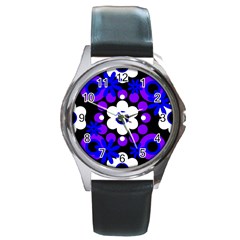 Flowers Pearls And Donuts Blue Purple White Black  Round Metal Watch by Mazipoodles