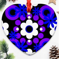 Flowers Pearls And Donuts Blue Purple White Black  Ornament (heart) by Mazipoodles