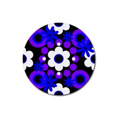 Flowers Pearls And Donuts Blue Purple White Black  Rubber Round Coaster (4 Pack) by Mazipoodles