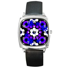 Flowers Pearls And Donuts Blue Purple White Black  Square Metal Watch by Mazipoodles