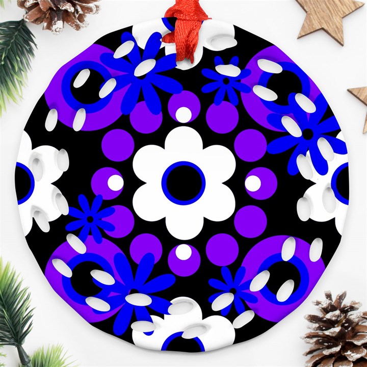 Flowers Pearls And Donuts Blue Purple White Black  Round Filigree Ornament (Two Sides)