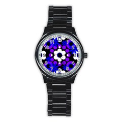 Flowers Pearls And Donuts Blue Purple White Black  Stainless Steel Round Watch by Mazipoodles