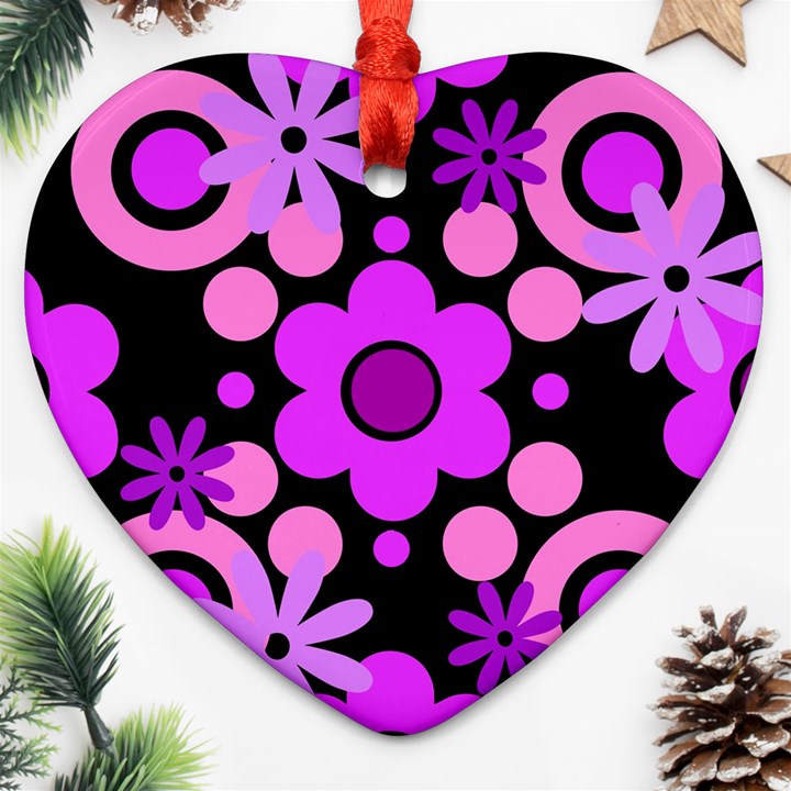 Flowers Pearl And Donuts Lilac Blush Pink Magenta Black  Ornament (Heart)