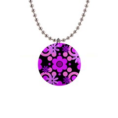 Flowers Pearl And Donuts Lilac Blush Pink Magenta Black  1  Button Necklace by Mazipoodles