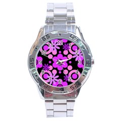 Flowers Pearl And Donuts Lilac Blush Pink Magenta Black  Stainless Steel Analogue Watch by Mazipoodles