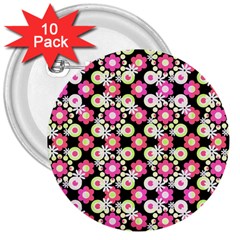 Bitesize Flowers Pearls And Donuts Strawberry Lemon Lime Sherbet Black 3  Buttons (10 Pack)  by Mazipoodles