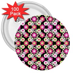 Bitesize Flowers Pearls And Donuts Strawberry Lemon Lime Sherbet Black 3  Buttons (100 Pack)  by Mazipoodles