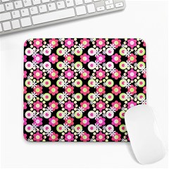 Bitesize Flowers Pearls And Donuts Strawberry Lemon Lime Sherbet Black Large Mousepad by Mazipoodles