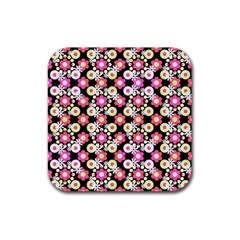 Bitesize Flowers Pearls And Donuts Strawberry Lemon Lime Sherbet Black Rubber Coaster (square) by Mazipoodles