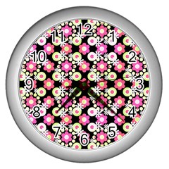 Bitesize Flowers Pearls And Donuts Strawberry Lemon Lime Sherbet Black Wall Clock (silver) by Mazipoodles