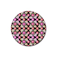 Bitesize Flowers Pearls And Donuts Strawberry Lemon Lime Sherbet Black Rubber Coaster (round) by Mazipoodles