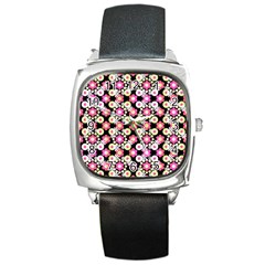 Bitesize Flowers Pearls And Donuts Strawberry Lemon Lime Sherbet Black Square Metal Watch by Mazipoodles