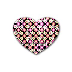 Bitesize Flowers Pearls And Donuts Strawberry Lemon Lime Sherbet Black Rubber Coaster (heart) by Mazipoodles