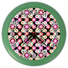 Bitesize Flowers Pearls And Donuts Strawberry Lemon Lime Sherbet Black Color Wall Clock by Mazipoodles