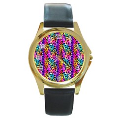 Rainbow Leopard Round Gold Metal Watch by DinkovaArt