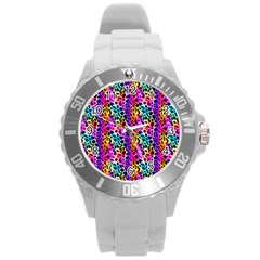 Rainbow Leopard Round Plastic Sport Watch (l) by DinkovaArt