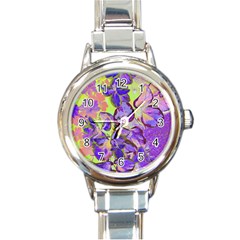 Purple Leaves Round Italian Charm Watch by DinkovaArt