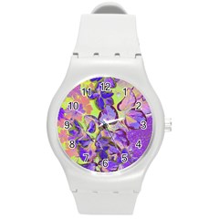 Purple Leaves Round Plastic Sport Watch (m) by DinkovaArt