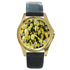 Autumn Background Closeup Flowers Round Gold Metal Watch by artworkshop