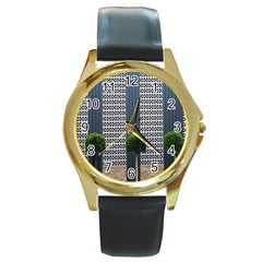 Exterior-building-pattern Round Gold Metal Watch by artworkshop