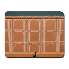 Person Stands By Tall Orange Wall And Looks- Up Small Mousepad by artworkshop