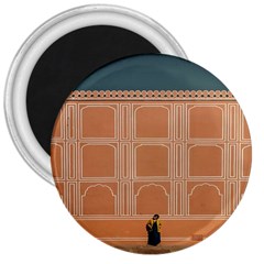 Person Stands By Tall Orange Wall And Looks- Up 3  Magnets by artworkshop