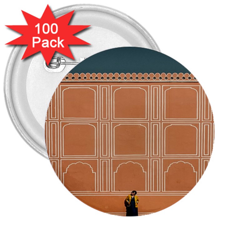 Person Stands By Tall Orange Wall And Looks- Up 3  Buttons (100 pack) 