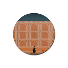 Person Stands By Tall Orange Wall And Looks- Up Rubber Coaster (round) by artworkshop