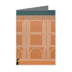 Person Stands By Tall Orange Wall And Looks- Up Mini Greeting Card by artworkshop