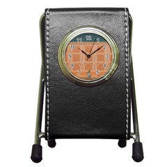 Person Stands By Tall Orange Wall And Looks- Up Pen Holder Desk Clock by artworkshop