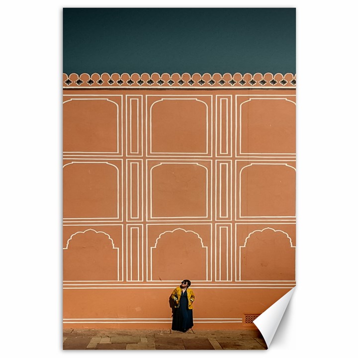 Person Stands By Tall Orange Wall And Looks- Up Canvas 12  x 18 